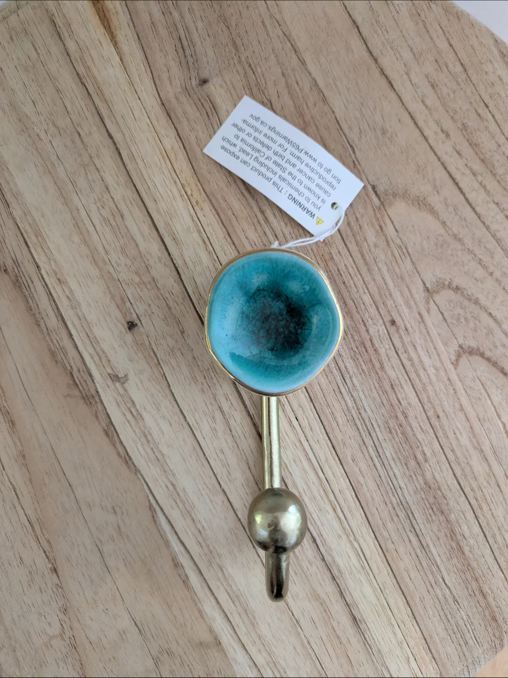 NWT Anthropologie Turquoise Glaze Ceramic Wall Hook with Gold Finish